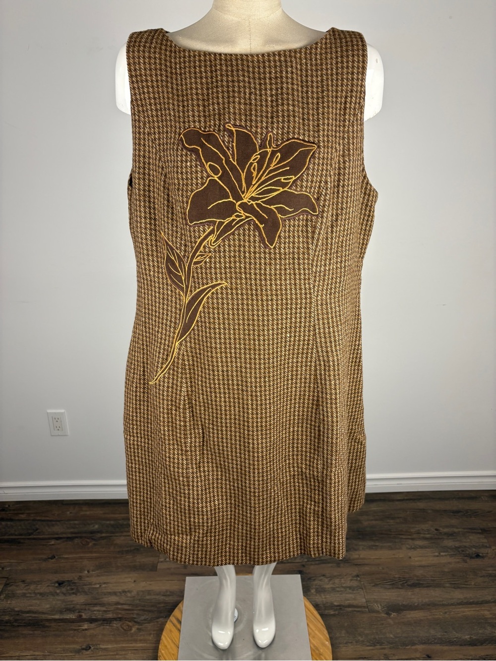 Cider Brown Houndstooth Floral Applique Mini Dress Boat Neck Retro Y2K NWT 1XL
